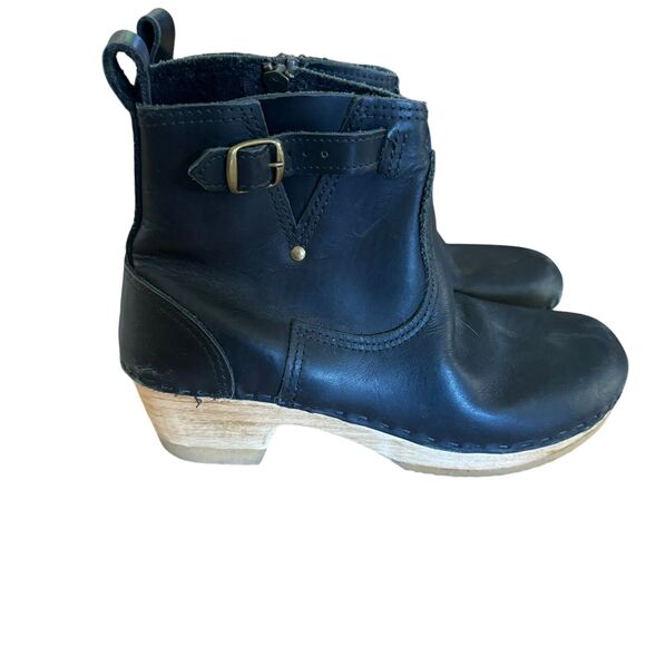 No. 6 Leather Clog Buckle Boot Womens 40* Black Leather Zipper Ankle Mid Heel - Picture 1 of 7